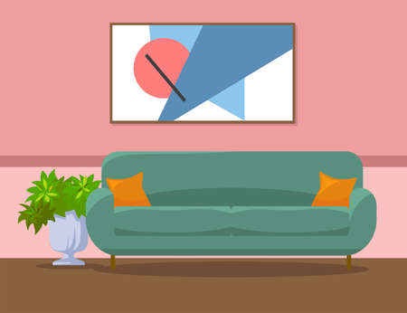 Lobby, lounge or living room interior design illustration. Green sofa with cushions, plant, abstract picture on pink wall, brown floor. Interior design, furniture conceptのイラスト素材