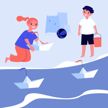 Little kids playing with paper ships. Sea, beach, toy flat vector illustration. Entertainment and summer vacation concept for banner, website design or landing web pageのイラスト素材