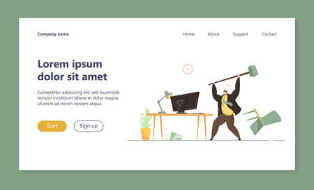 Angry office worker breaking computer with hammer. Tired adult man stressed from hard work flat vector illustration. Business, work stress concept for banner, website design or landing web pageのイラスト素材