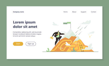 Office worker reaching mountain top with flag. Man achieving goal, perseverance flat vector illustration. Challenge, belief, effort, ambition concept for banner, website design or landing web pageのイラスト素材