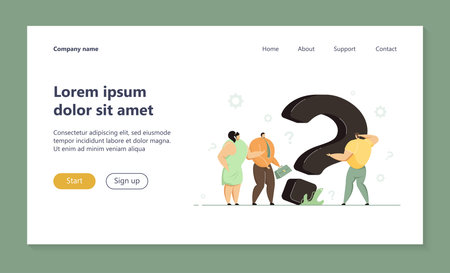 Puzzled tiny business people searching solution at huge question mark, asking for help. Vector illustration for customer assistance service, communication, problem solving conceptのイラスト素材