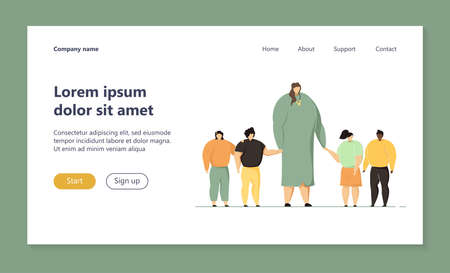 School teacher and children standing or walking together, holding hands. Joyful woman with group of kids. Vector illustration for education, daycare, kindergarten conceptのイラスト素材