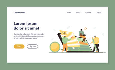 Tiny freelance blog writers creating marketing content on Internet. Authors using laptops, writing articles for business. Vector illustration for online advertising, SEO or influencer job conceptのイラスト素材