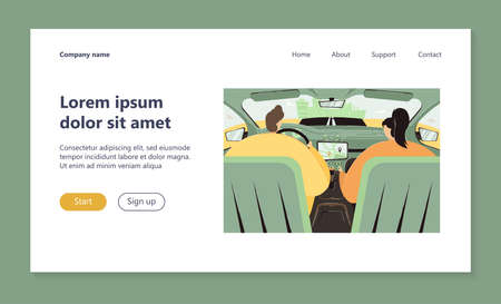 Driver and passenger using navigation app inside car. Backseat view of couple driving and riding vehicle, going along road to city. Vector illustration for driving application, travel, taxi conceptのイラスト素材