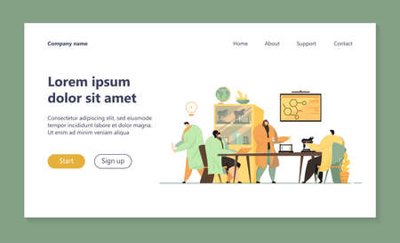 Happy group of medical students in lab isolated flat vector illustration. Cartoon scientists conducting research or chemical tests. Chemistry, medicine and science conceptのイラスト素材