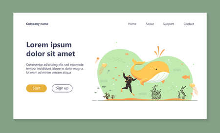 Tiny man exploring marine wildlife. Diver, whale, sea or ocean fishes flat vector illustration. Aquarium, tropical, marine fauna exploration concept for banner, website design or landing web pageのイラスト素材