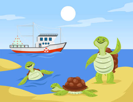Group of turtles cartoon characters on seashore illustration. Happy tortoise family or friends playing on beach, swimming in water, lying on sand, waving at sailing ship. Summer, vacation conceptのイラスト素材