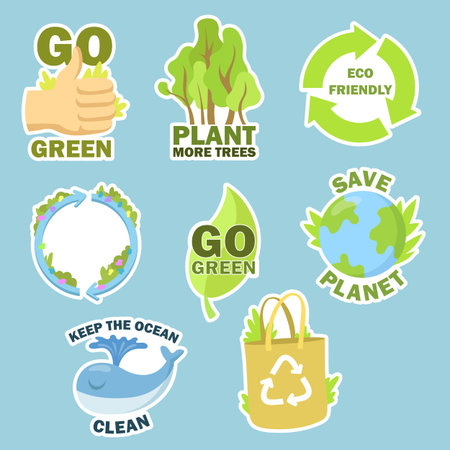 Bright ecology flat stickers set. Cartoon colorful environmental slogans, messages and phrases isolated vector illustrations. Nature protection and environment conceptのイラスト素材