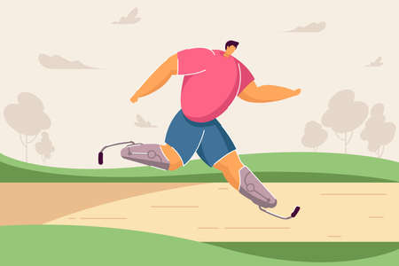 Paralympic athlete taking part in race. Flat vector illustration. Disabled man running marathon, participating in sports competition with running prostheses. Healthy lifestyle, sport conceptのイラスト素材