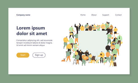 Diverse people of different ages, races, occupations standing together. Crowd holding and showing blank banner. Vector illustration for population, multicultural society, community, inclusion conceptのイラスト素材