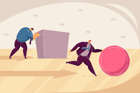 Two businessmen pushing abstract figures towards goal. Flat vector illustration. Men competing, trying to find efficient, smart solution. Business, success, goal, efficiency concept for banner designのイラスト素材