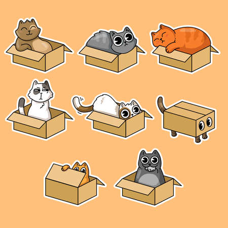 Cute cats in boxes stickers collection for t-shirt design. Cartoon funny kittens sitting in carton or cardboard boxes isolated vector illustrations. Animals, fun and pets conceptのイラスト素材