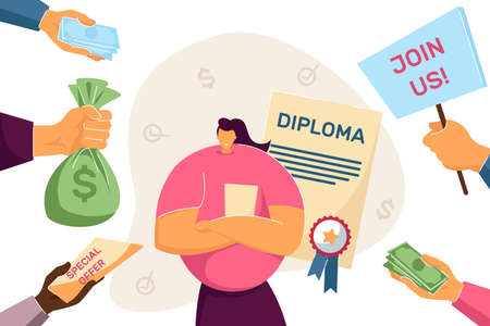 University graduate receiving offers of cooperation. Flat vector illustration. Employers offering money to girl holding graduate degree with honors. Education, qualification, success, conceptのイラスト素材