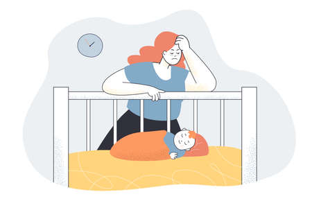 Tired mother looking at child. Depressed woman, newborn baby sleeping in crib flat vector illustration. Motherhood, postnatal depression concept for banner, website design or landing web pageのイラスト素材