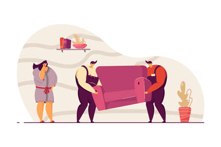 Two delivery men delivering sofa to customer flat vector illustration. Woman getting new couch, using mobile phone. Delivery service, relocation concept for banner, website design or landing web pageのイラスト素材