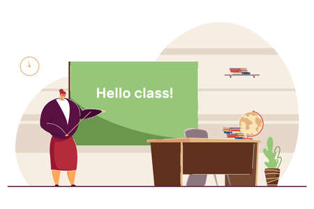 Teacher welcoming students back to school. Flat vector illustration. Professors standing near blackboard with pointer in classroom. School, education, learning concept for banner design, landing pageのイラスト素材