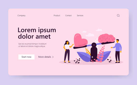 Two people comparing logic thinking and intuition on scales flat vector illustration. Cartoon man and woman looking at brain vs heart on seesaw. Emotional instincts and logic balance conceptのイラスト素材