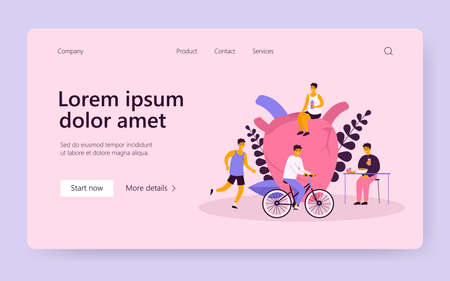 Men people with healthy heart riding bike, drinking water, keeping diet. Health and medicine flat vector illustration. Healthy eating lifestyle, sport concept for poster, website or landing web pageのイラスト素材