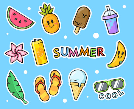 Hawaii stickers set for embroidery fashion designs. Cartoon vector illustrations of funny banana,...