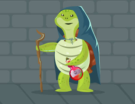 Evil turtle dressed as witch illustration. Cartoon tortoise wearing cape, holding wooden stick and bottle with deadly poison. Fairytale, Halloween, fantasy, carnival conceptのイラスト素材