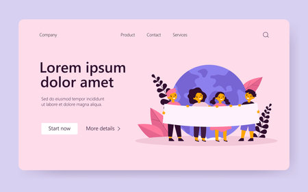 Cartoon children of different nationalities and races. Flat vector illustration. Kids standing together and holding poster with Earth on background. Unity, culture diversity, friendship conceptのイラスト素材