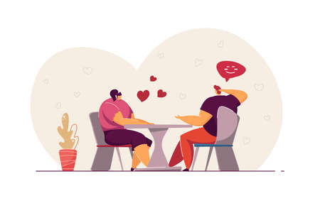 Couple having date in cafe. Affectionate young people having dinner and talking. Cute lovers flirting, celebrating St Valentines Day or holiday. Love concept for website designのイラスト素材