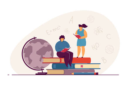 Tiny children reading books flat vector illustration. Boy and girl reading school books. Self-education, school, knowledge concept for banner, website design or landing web pageのイラスト素材