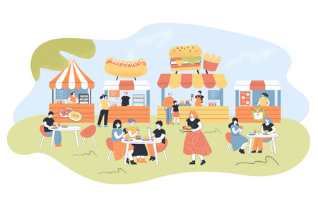 People eating at food court. Flat vector illustration. Cartoon characters spending time with friends, buying different fast food, pizza, burgers, Chinese food. Fast food, cafe, family, weekend conceptのイラスト素材