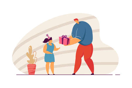 Father giving birthday present to daughter. Cartoon man with box, girl wearing party hat flat vector illustration. Family, birthday, parenting concept for banner, website design or landing web pageのイラスト素材