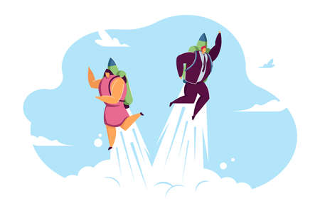 Business couple flying fast up in sky. Man and woman with jet packs flat vector illustration. Promotion, career boost, professional growth concept for banner, website design or landing web pageのイラスト素材