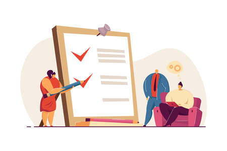 Tiny woman with pencil and checklist on clipboard. Completion of business tasks flat vector illustration. Business plan, marketing strategy concept for banner, website design or landing web pageのイラスト素材