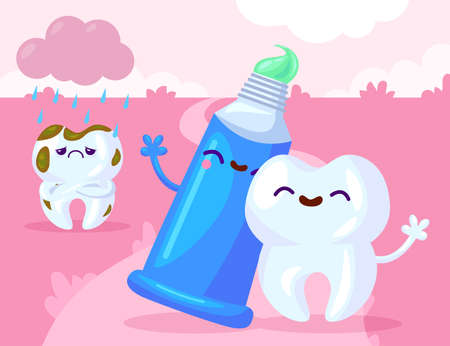 Healthy and ill teeth with paste. Cartoon vector illustration. Happy white tooth hugging smiling paste and sad tooth with cavity, rainy cloud in pink background. Dental care, health, hygiene conceptのイラスト素材