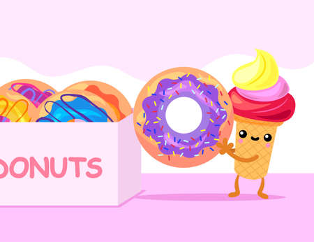 Cute ice cream character holding giant donut. Cartoon vector illustration. Lovely ice cream cone taking one sweet doughnut with colorful glaze from box. Dessert, snack, food, pastry, fantasy conceptのイラスト素材