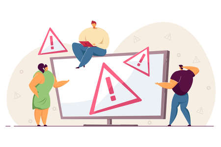 Warning window on computer screen. Confused tiny people, mistake alert for website or page flat vector illustration. System error, technology concept for banner, website design or landing web pageのイラスト素材
