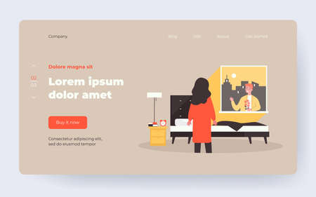 Boyfriend surprising girlfriend with flowers. Man greeting lover in morning, waving through window flat vector illustration. Romance, love concept for banner, website design or landing web pageのイラスト素材