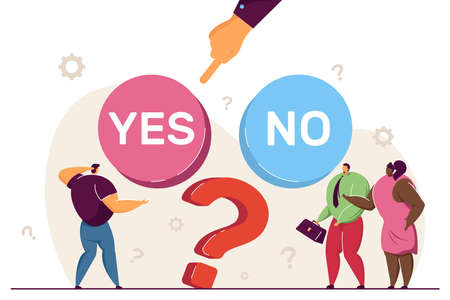 Young man choosing between two options. Hand pointing, confused male character picking button to push, colleagues helping flat vector illustration. Choice, dilemma concept for banner, website designのイラスト素材