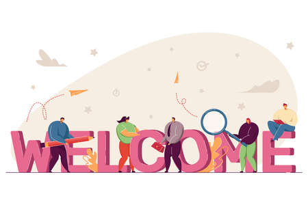 Team of people welcoming new member. Happy office workers with huge word flat vector illustration. Welcome, teamwork, celebration concept for banner, website design or landing web pageのイラスト素材