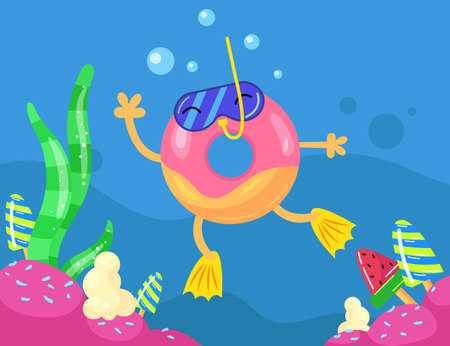 Cute colorful glazed doughnut diving. Cartoon vector illustration. Doughnut wearing mask with snorkel and fins, swimming under water. Dessert, food, fantasy, diving, hobby concept for banner designのイラスト素材