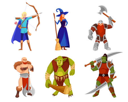Cartoon monsters and warriors vector illustrations set. Elf with bow, heroes and orcs with weapons, witch with broom isolated on white background. Computer game, fantasy, fairytale conceptのイラスト素材