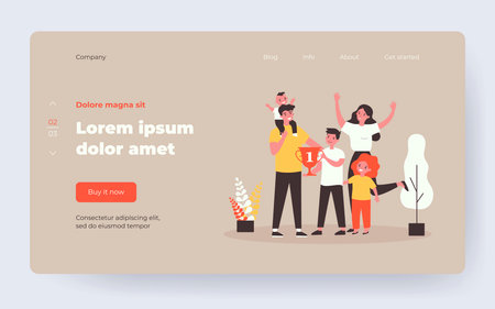 Young family being happy about sport achievement award. Flat vector illustration. Cartoon parents and children cheering elder son about winning sporting competition. Sport, win, family conceptのイラスト素材