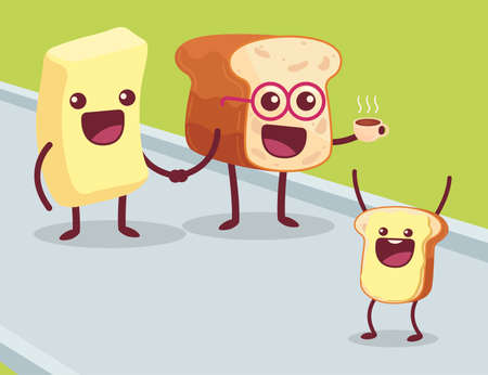 Bread and butter family cartoon illustration. Loaf of bread holding hand of butter. Toast smiling or laughing. Funny illustration of cartoon family on walk. Can be used for banner or advertisementのイラスト素材