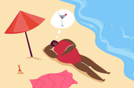 Black woman sunbathing on beach and thinking of cocktail. Thirsty female character lying on sand by water flat vector illustration. Summer, vacation concept for banner, website design or landing pageのイラスト素材