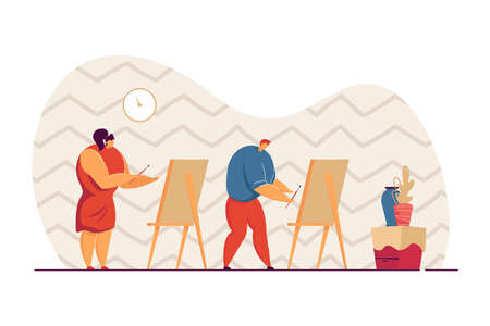 Boy and girl drawing vases in art class. Male and female characters painting on canvas on easel with brush flat vector illustration. Art, education concept for banner, website design or landing pageのイラスト素材