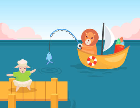 Lion character fishing on a boat vector illustration. Orange mammal catching fish with rod, cute cartoon sheep waving from bridge. Outdoor activity, animals conceptのイラスト素材