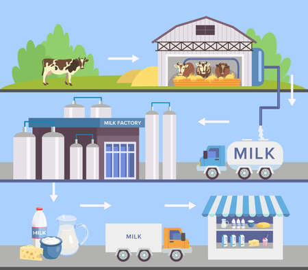 Milk factory set with automatic machines. Milk production stages set. Truck, grazing cows, milking machines, dairy products shop. For dairy, food industry, milk factory conceptのイラスト素材
