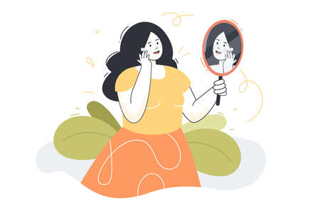 Woman admiring her reflection. Female character looking at herself in mirror happily. Beautiful girl with black hair. Loving yourself, ego, narcissism concept for banner, website designのイラスト素材