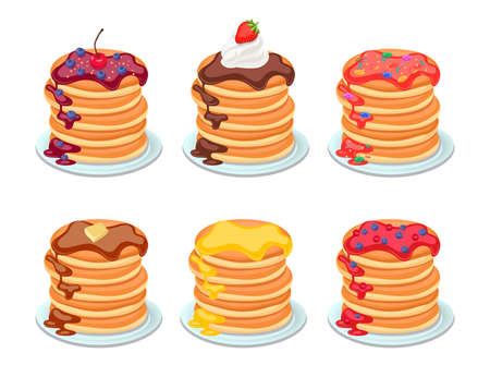 Set of tasty pancakes with different toppings. Pancakes on white plate. Baking with syrup, berries, butter or honey. Breakfast concept for banner, flyer designsのイラスト素材