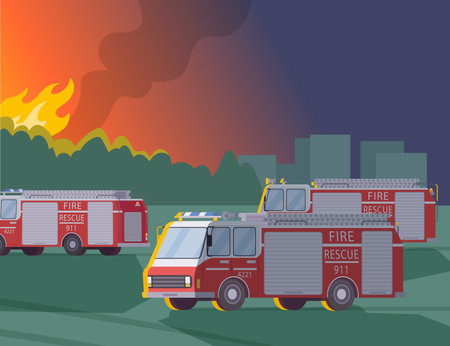 Fire rescue crew extinguish forest fire. Red fire rescue cars, blazing fire, city on background. Night catastrophe. Nature in danger. Accident, fireman concept for website design or landing pageのイラスト素材