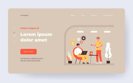 Freelancer working in fast food cafe. Man using laptop, waiter bringing fast food and drink flat vector illustration. Freelance, catering concept for banner, website design or landing web pageのイラスト素材