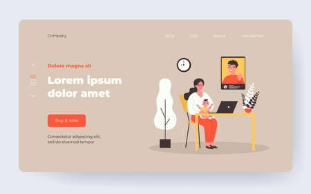 New mom and baby talking to dad through video call. Laptop, online chat, conference flat vector illustration. Online communication, parenthood concept for banner, website design or landing web pageのイラスト素材